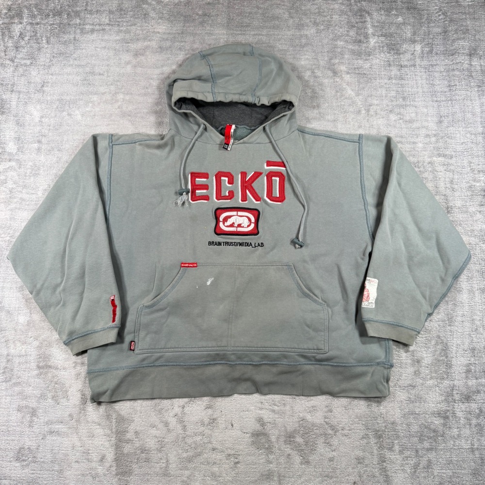 Ecko Unltd Hoodie Mens 2XL Gray Embroidered Rhino Vtg Y2K Streetwear Baggy Boxy